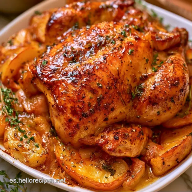 Rebanada de pollo jugoso con piel crujiente, acompañada de salsa brillante y romero fresco sobre plato cerámico.