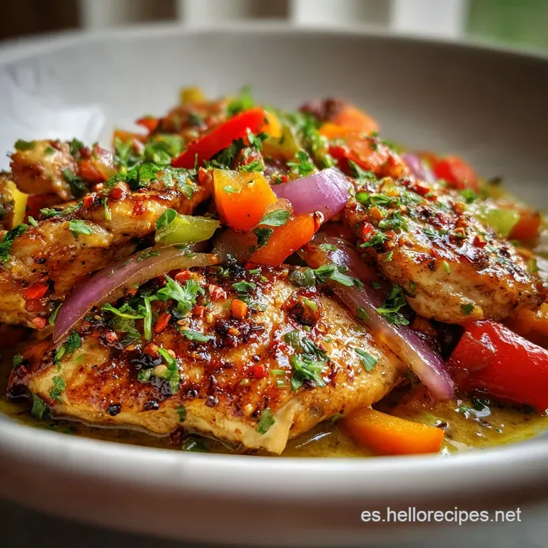 Elegant plate with glistening chicken, bright vegetables. Sizzling pan hints at warm, fresh, satisfying healthy meal.