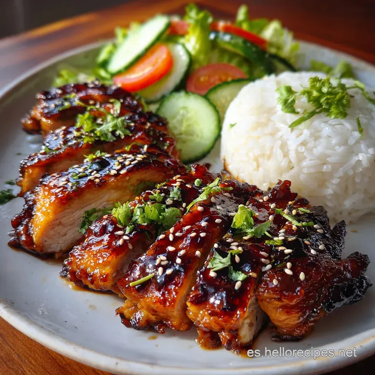 A single serving of glistening teriyaki chicken served over fluffy white rice, garnished with sesame seeds and scallions.