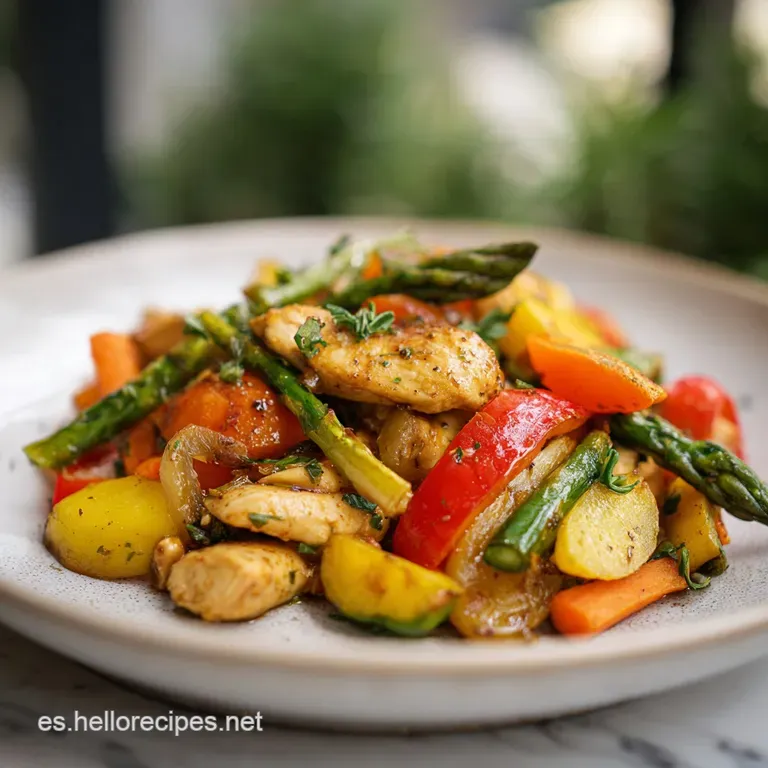 Perfectly plated chicken and colorful vegetable medley, with a vibrant green herb garnish, ready to be served.
