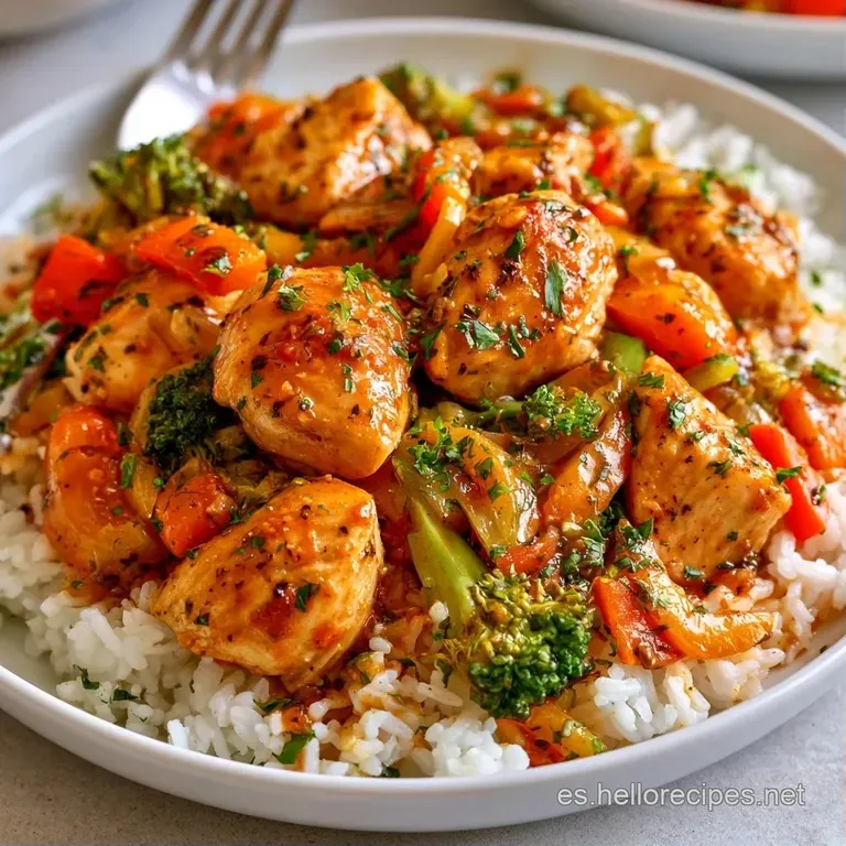 Pollo jugoso y verduras coloridas dispuestas con cuidado sobre cerámica gris, adornadas con perejil fresco picado.