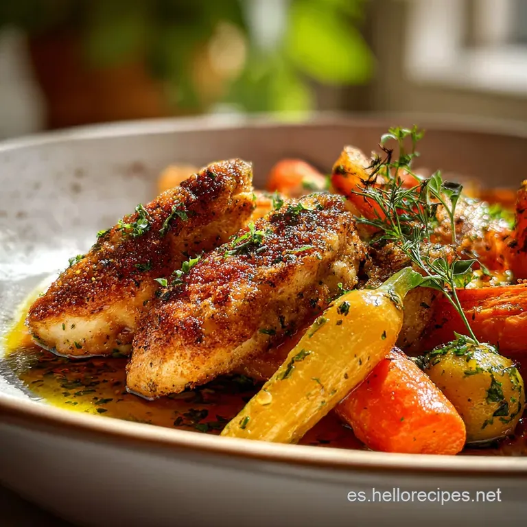 Plated chicken and vegetables. Golden chicken and bright bell peppers glisten, topped with fresh, vibrant herbs on a white...