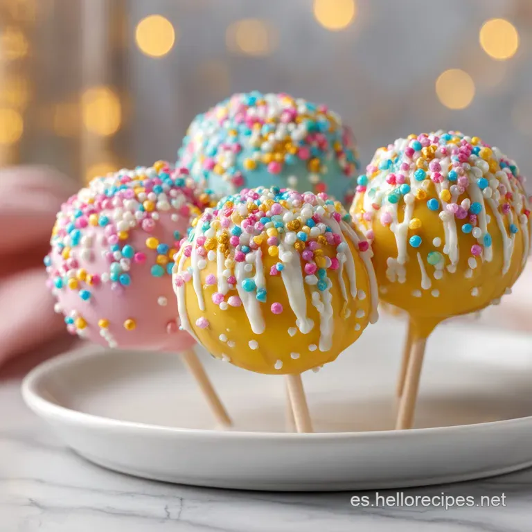 Elegant white plate showcasing a swirl of colorful cake pops, each topped with delicate drizzles and sprinkles.
