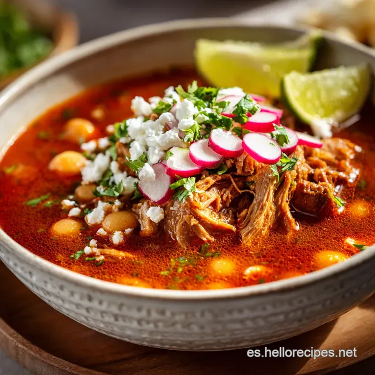 Steaming bowl of vibrant pozole, artfully garnished with shredded cabbage, radishes, and a wedge of lime. Cilantro sprigs ...