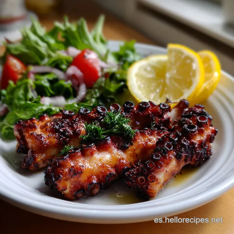 Tender octopus, delicately fanned across a white plate, garnished with fresh herbs and a drizzle of olive oil, showing a v...