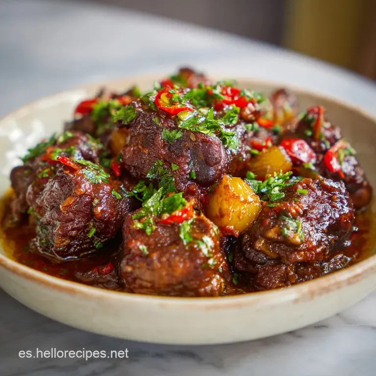Braised oxtail plated elegantly with creamy mashed potatoes, topped with vibrant microgreens and glistening sauce.