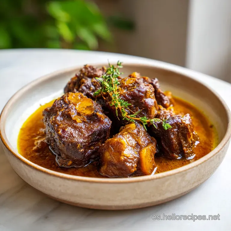 A rustic ceramic bowl overflowing with succulent oxtail and a deep, rich gravy, garnished simply.