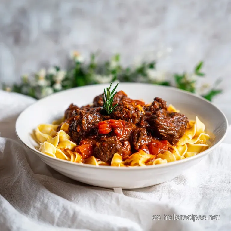 Slow-cooked beef rag&uacute; served in a rustic earthenware bowl, topped with fresh parsley.