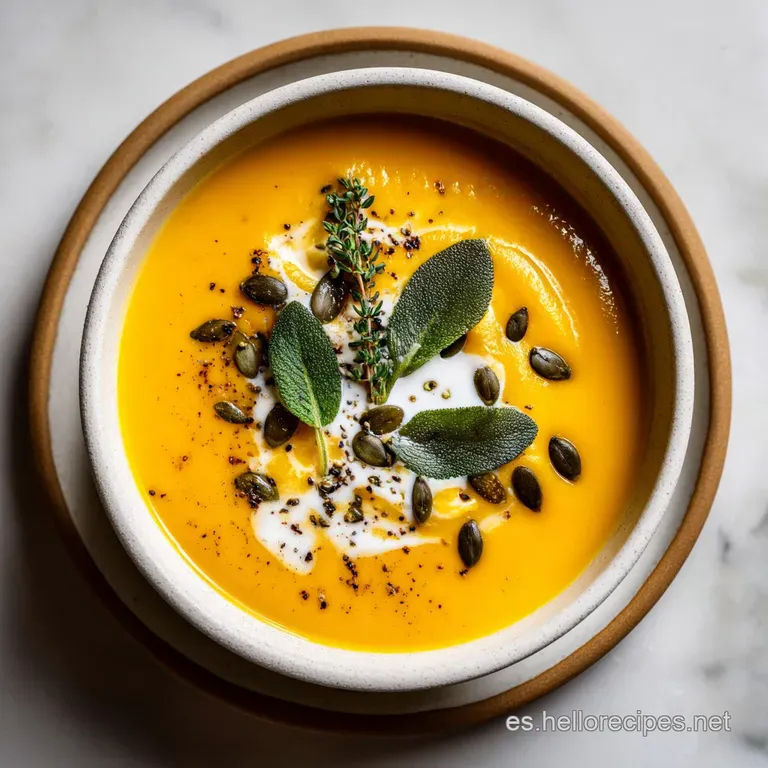 A shallow white bowl showcasing the rich orange soup, elegantly garnished with a drizzle of cream.
