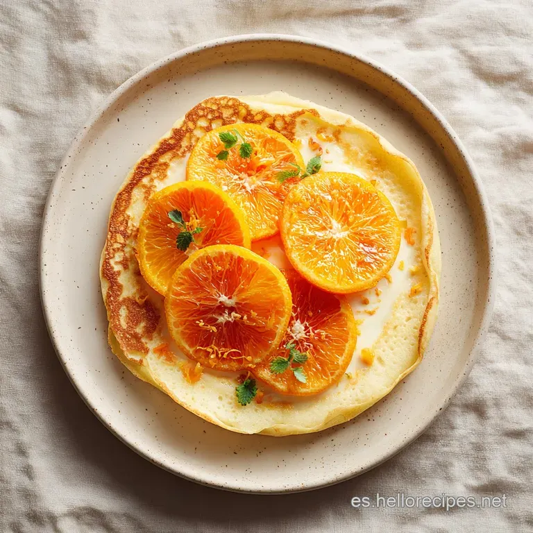 Elegant plated citrus crepes, bright orange filling peeking through, dusted with powdered sugar; a refreshing, light dessert.