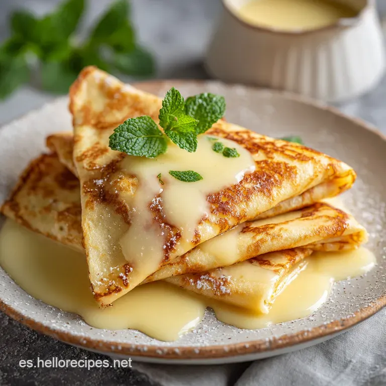 A stack of tender crepes drenched in a rich, amber sauce with flambe accents, dusted with powdered sugar on a white plate.