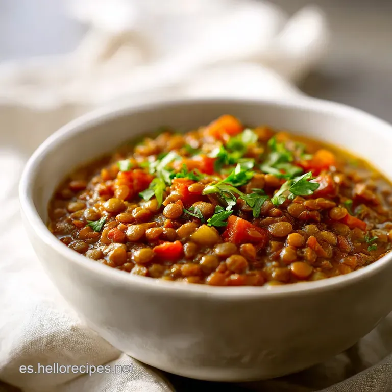 A steaming bowl of rich lentil stew, garnished with fresh parsley, served with crusty bread.