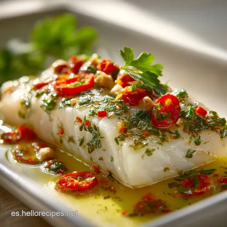 Perfectly baked white fish fillet with browned, crispy skin, artfully plated with bright green parsley sprigs for an elega...
