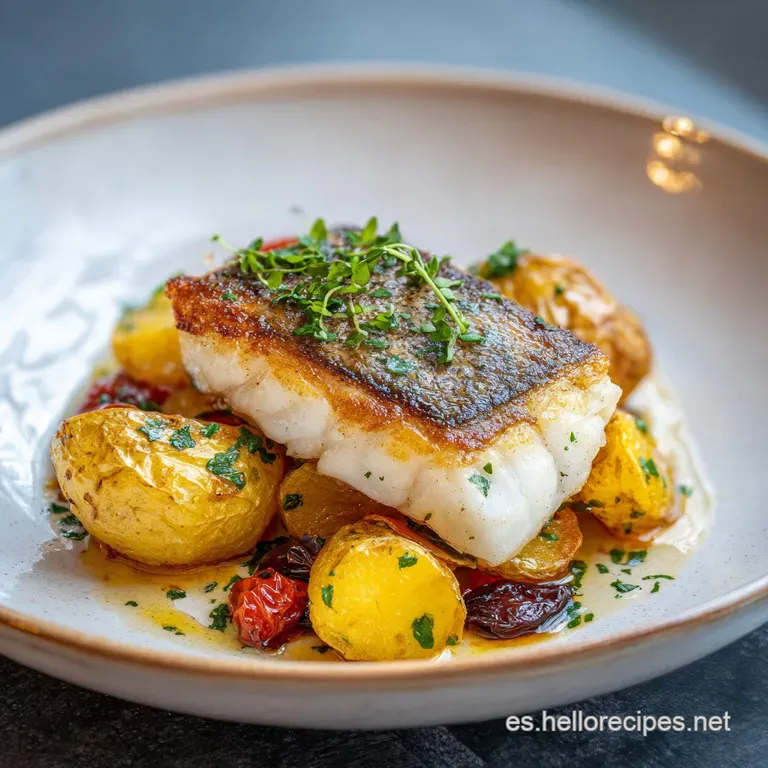Flaky white fish served atop a bed of sliced golden potatoes, drizzled with olive oil, garnished with fresh parsley.