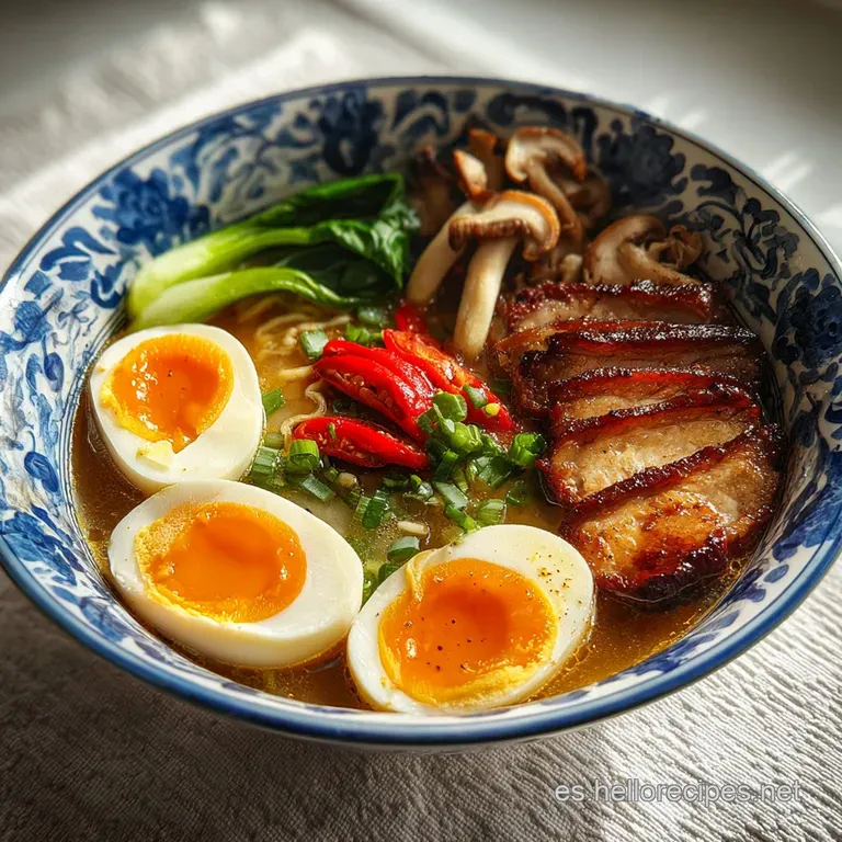 Steaming ramen in a ceramic bowl. Golden broth glistens over noodles, toppings, promising savory delight.