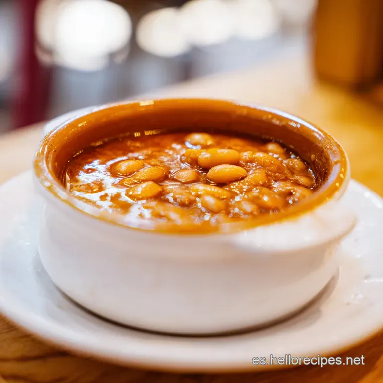 A deep bowl filled with fabada. The glossy broth coats the beans and meats. Garnished with fresh parsley. Warm, comforting...