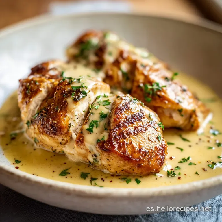 A perfectly plated piece of crispy chicken, showcasing its browned skin, nestled among vibrant green herbs. Hints of steam...