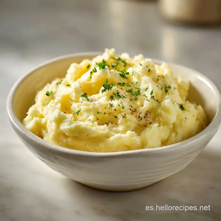 Pearly white mashed potatoes elegantly piped onto a plate, glistening with butter, alongside a savory brown gravy pool.