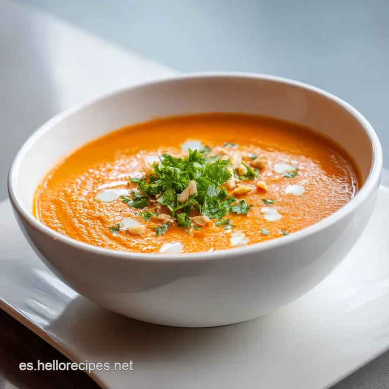 Smooth, vibrant orange salmorejo in a glass, garnished with crisp ham, offering a refreshing, elegant appetizer.