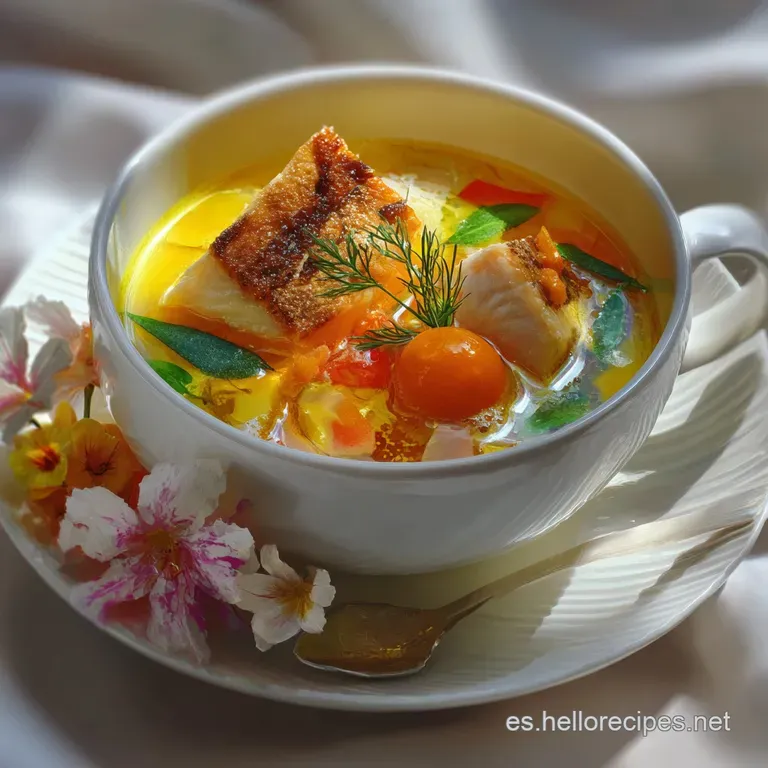 Elegant bowl of rich seafood soup. Garnished with a sprig of parsley. Bright saffron threads and colorful shrimp peeking.