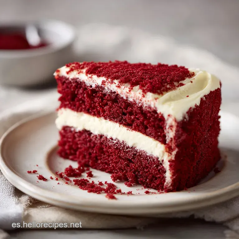 Slice of moist red velvet cake with a generous dollop of frosting. Berries and a sprig of mint complete the elegant plate.