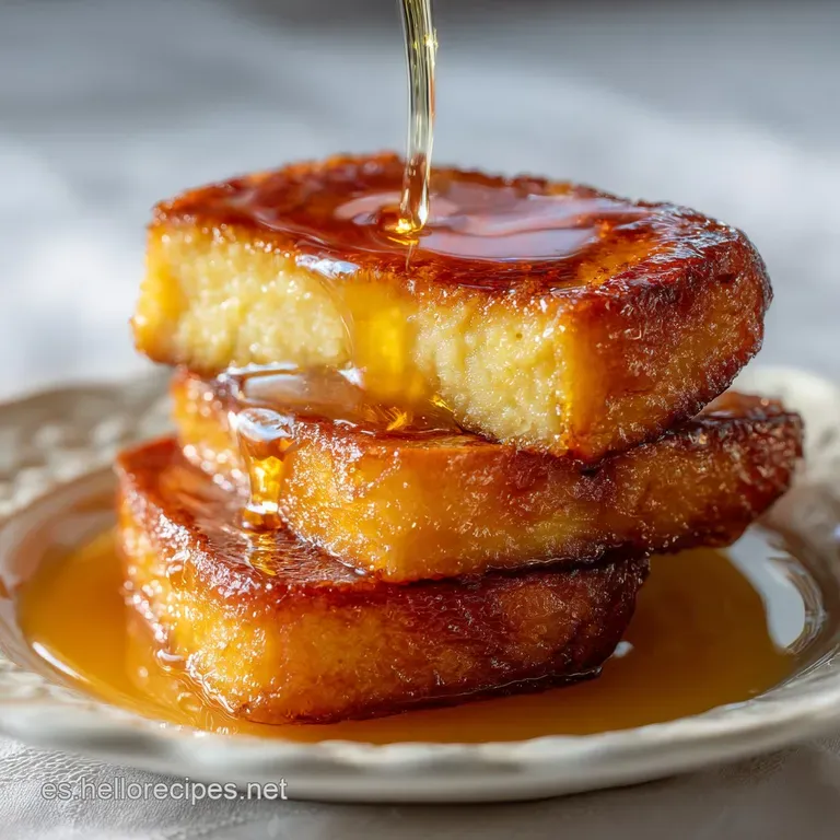Stacked torrijas, drizzled with syrup and sprinkled with cinnamon. A simple, yet elegant, dessert presentation.
