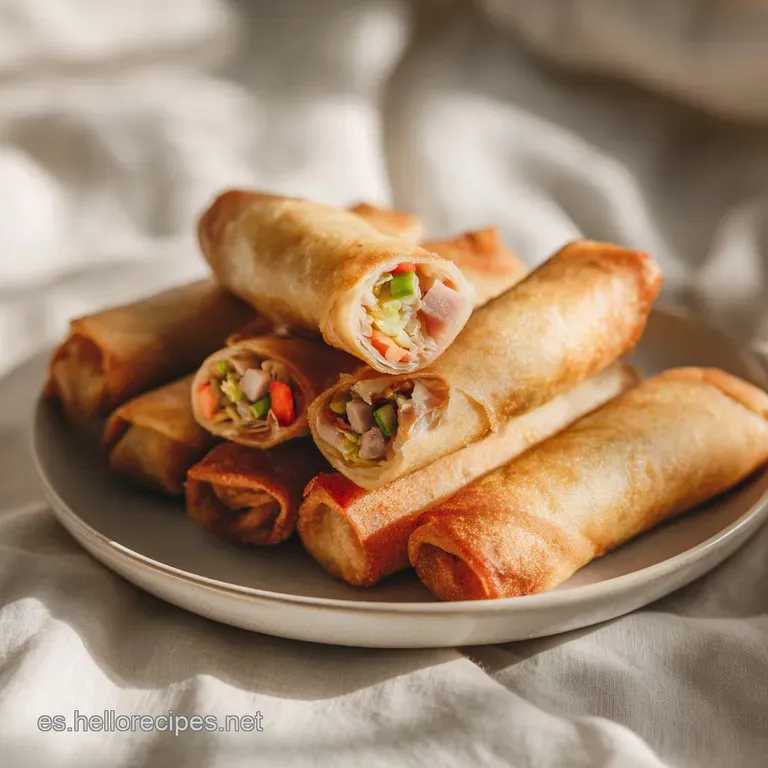 Elegant stack of golden-brown spring rolls on a dark plate, paired with a drizzle of sauce and a sprig of fresh mint.