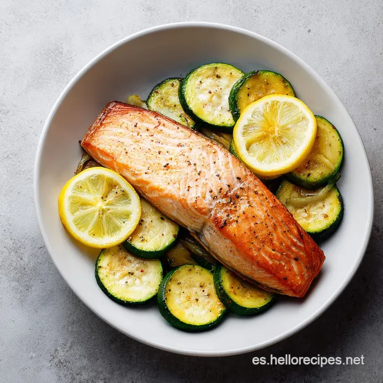 Porci&oacute;n de pescado naranja brillante adornada con hierbas frescas y gotas de aceite sobre una base de verduras al horno.