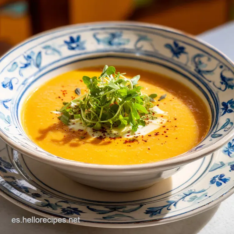 A smooth, cool-toned gazpacho in a white ceramic bowl, artfully garnished with bright red pepper confetti and green parsley.
