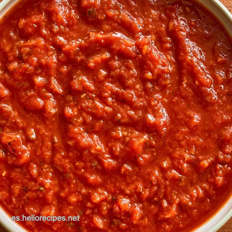 Salsa roja brillante servida en plato blanco, decorada con un hilo de aceite dorado y hojas de albahaca fresca encima.