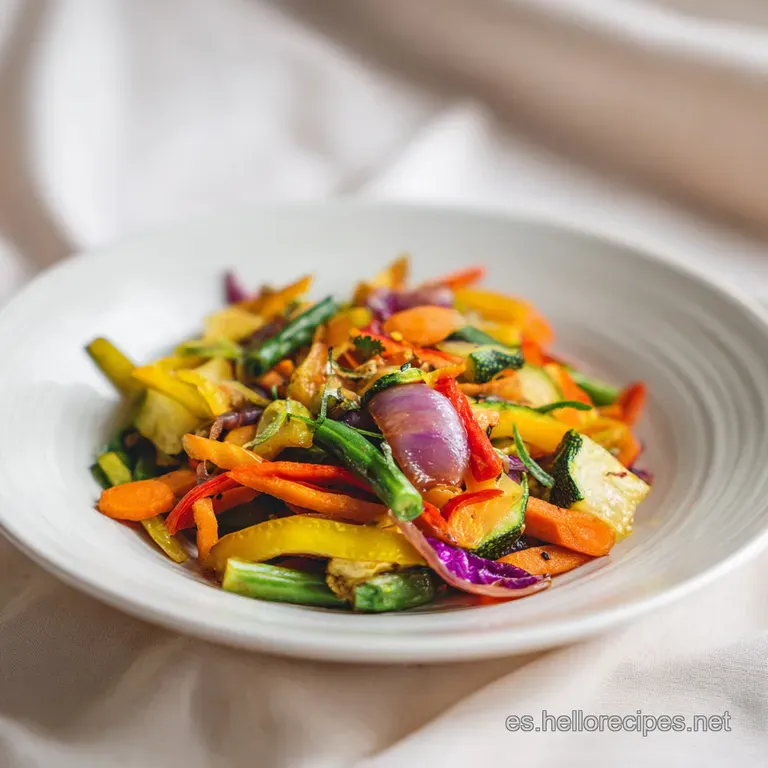 A colorful medley of crisp vegetables and noodles artfully arranged in a white bowl, garnished with sesame seeds.