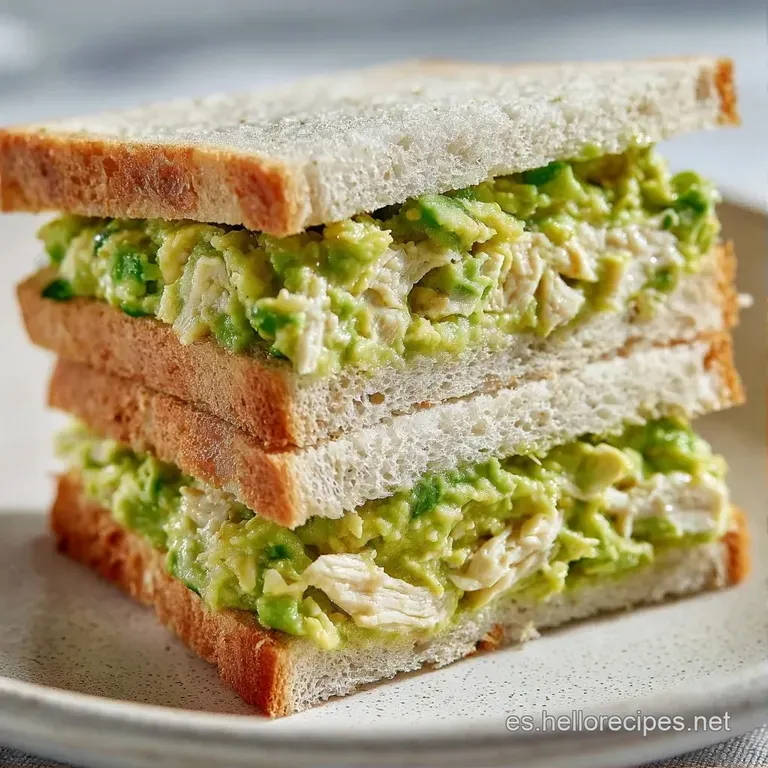 Mini bocadillos alineados con capas de aguacate cremoso y pollo, adornados con hojas verdes frescas sobre fondo neutro.