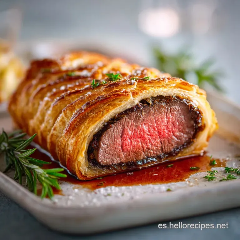 Elegant Solomillo Wellington slice plated with rich sauce. Flaky pastry, tender meat, and vibrant garnish create a luxurio...