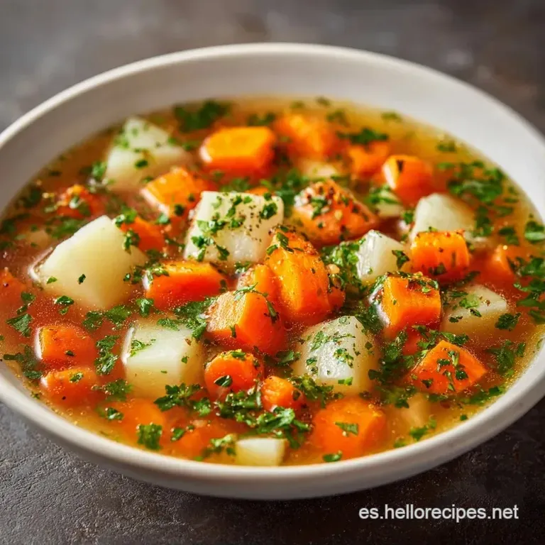 Taz&oacute;n cer&aacute;mico blanco con sopa humeante, adornada con perejil fresco picado y gotas de aceite sobre el caldo claro.