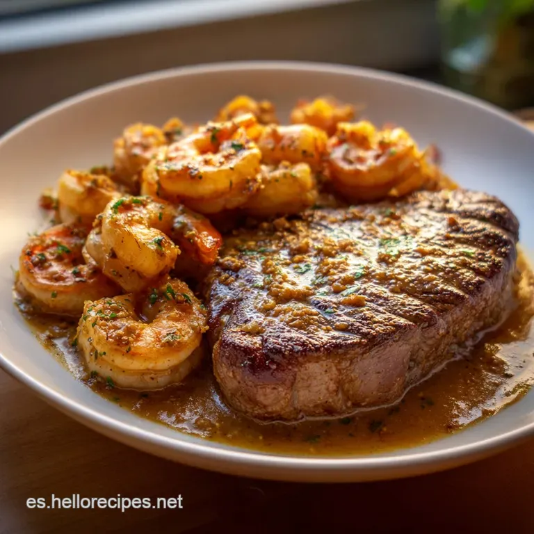 Steak Con Camarones Caj&uacute;n En Salsa Cremosa De Mantequilla presentation