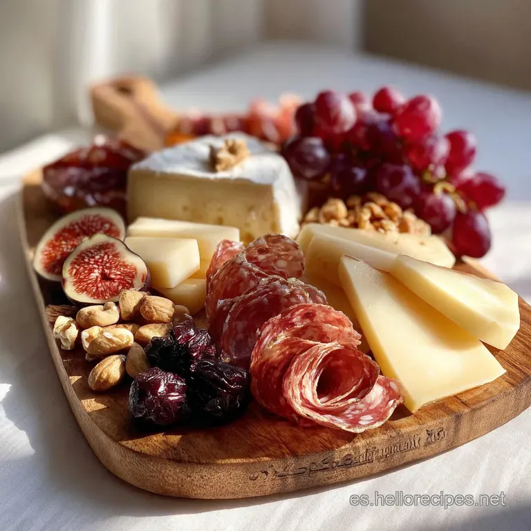 Overhead view of a cheese board overflowing with cheeses, meats, olives, crackers, and fruit, a colorful & abundant spread.