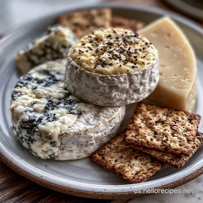 Disposición elegante de cuñas de queso cremoso y firme junto a galletas crujientes sobre una superficie rústica.