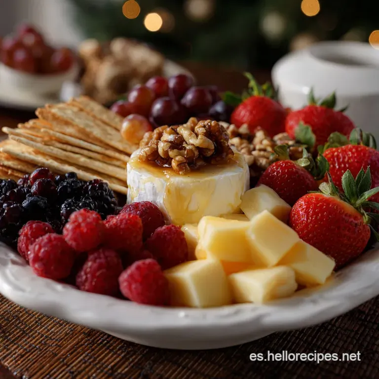 Elegant cheese board arranged on a wooden platter. A medley of cheeses, grapes, and crackers create a visually appealing a...
