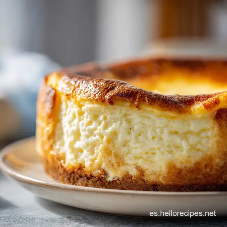 Slice of creamy baked cheesecake on a white plate. Topped with a dollop of whipped cream and fresh berries. Simple, elegan...