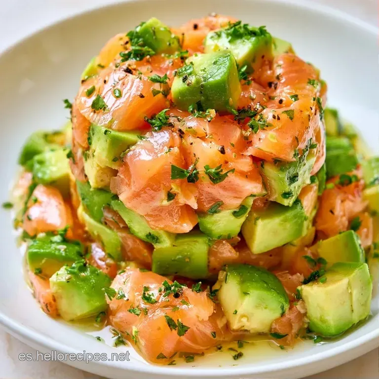 Cilindro compacto de salmón fresco y aguacate maduro decorado con brotes verdes sobre un plato blanco minimalista.