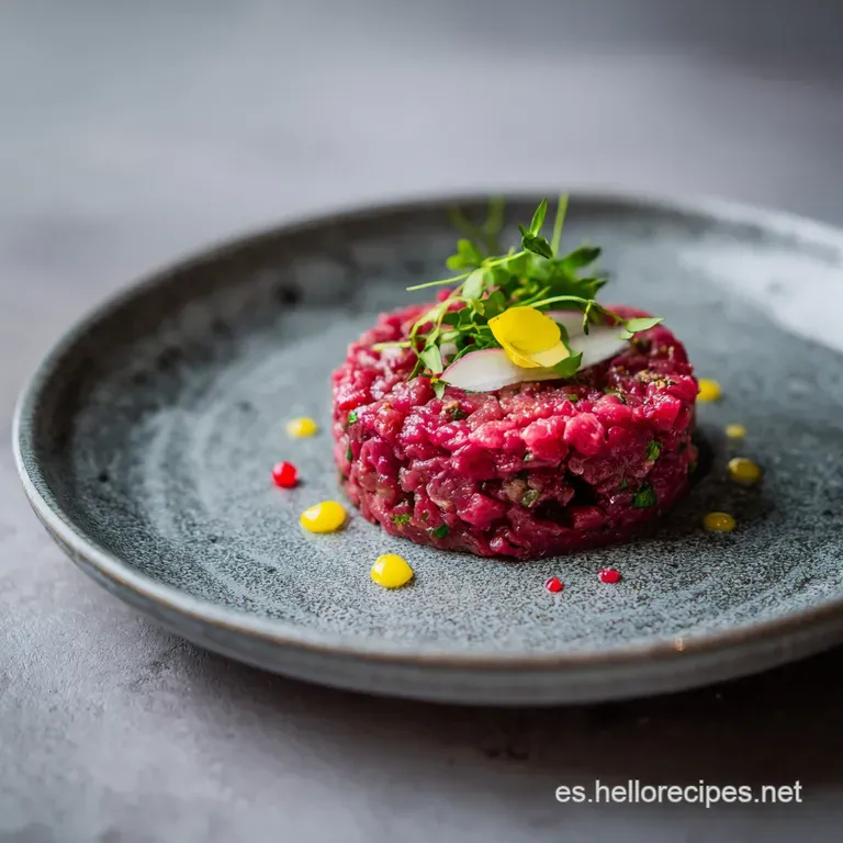 A delicate mound of finely chopped beef tartare, artfully arranged with vibrant green chives.