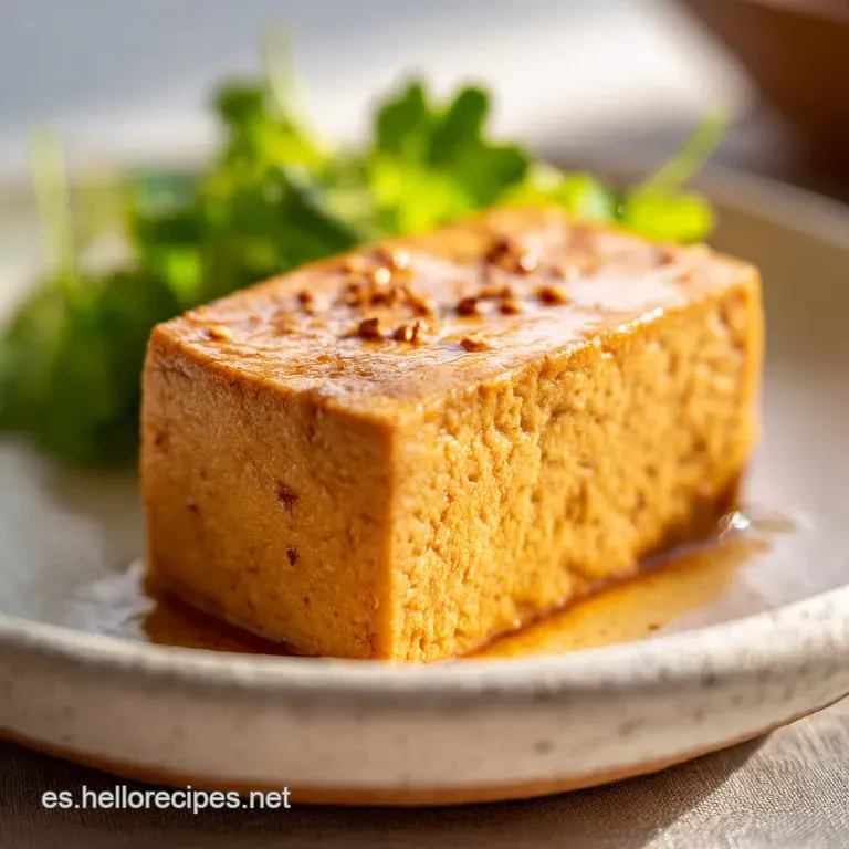 Golden-brown smoked tofu slices artfully arranged on a plate, garnished with fresh herbs and a drizzle of vibrant sauce.