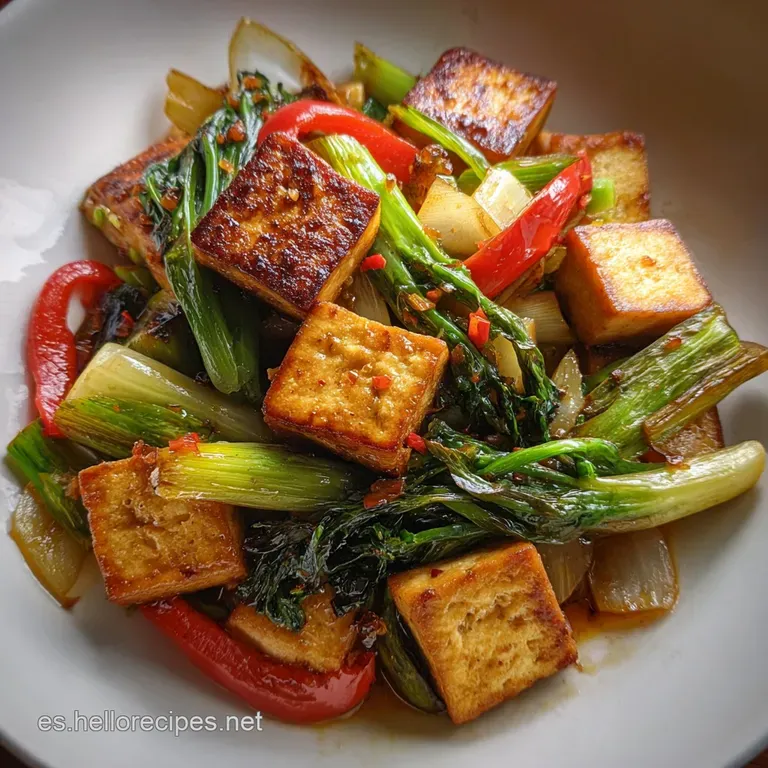 Steaming tofu stir-fry elegantly plated, vibrant vegetables nestled alongside fluffy rice, garnished with fresh herbs.