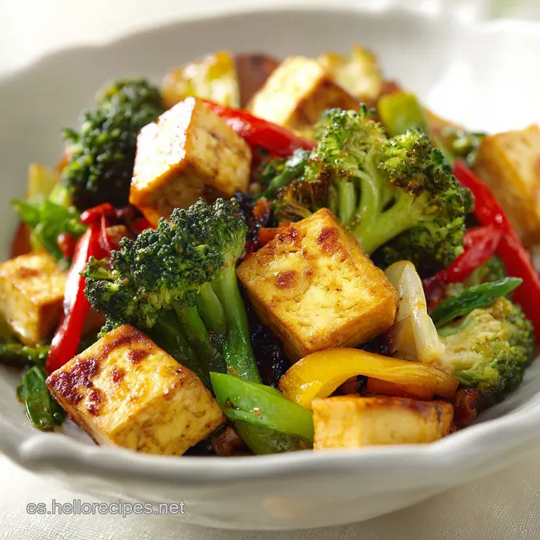 Steaming tofu stir-fry artfully arranged on a white plate. Cilantro garnish adds fresh pop. An inviting, healthy meal.