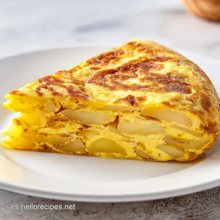 Porci&oacute;n triangular de tortilla amarilla sobre plato de cer&aacute;mica, decorada con perejil fresco y luz natural brillante.