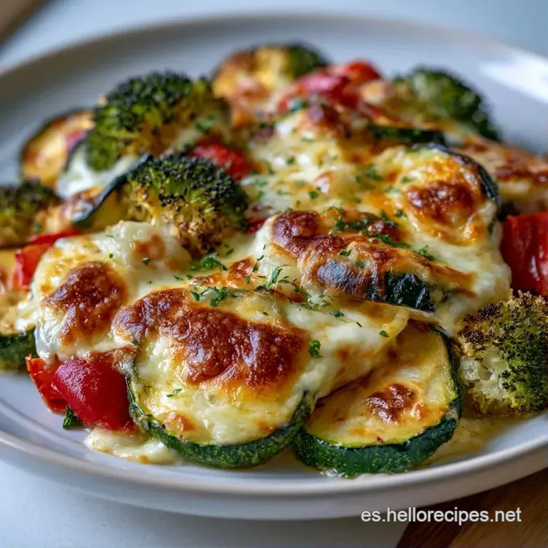 Porci&oacute;n de vegetales gratinados en plato blanco con perejil fresco picado sobre el queso tostado y cremoso.